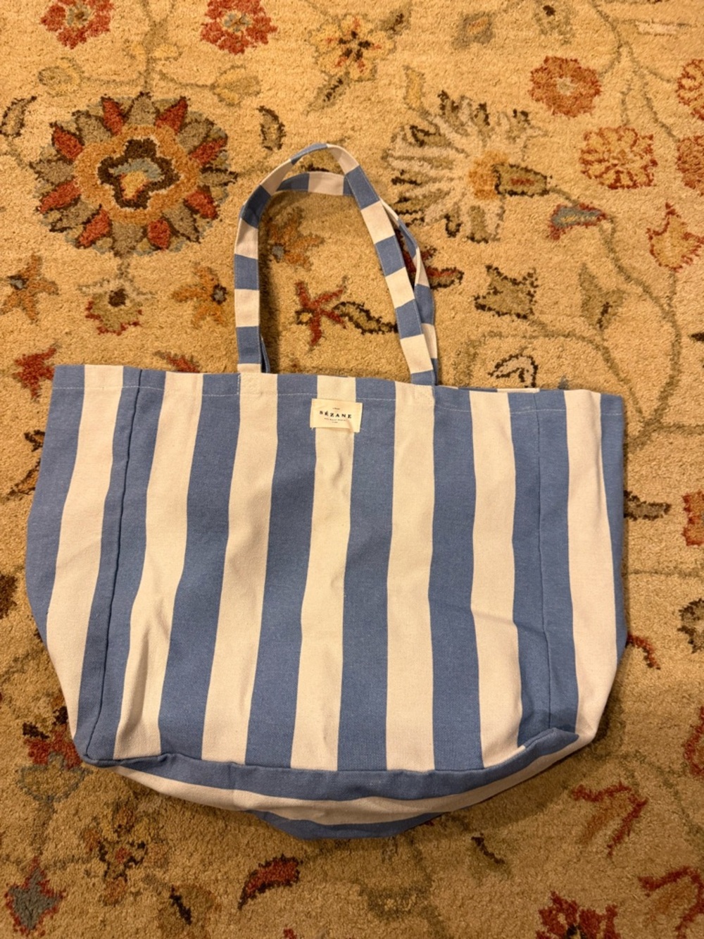 Sezane Blue and White Striped Canvas Tote 30”